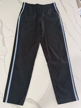 BCBGMaxAzria Black Pinstripe Ankle Pants Blue Side Stripe Sz M